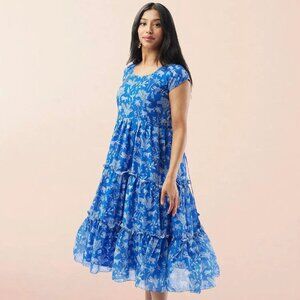 Blue Printed Chiffon Knee Length Tiered Dress | Muvvas Boutique